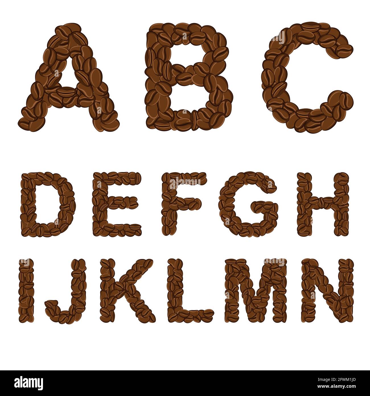 Alphabet des Kaffees von A bis N. isolierte Objekte auf Weiß. Stock Vektor