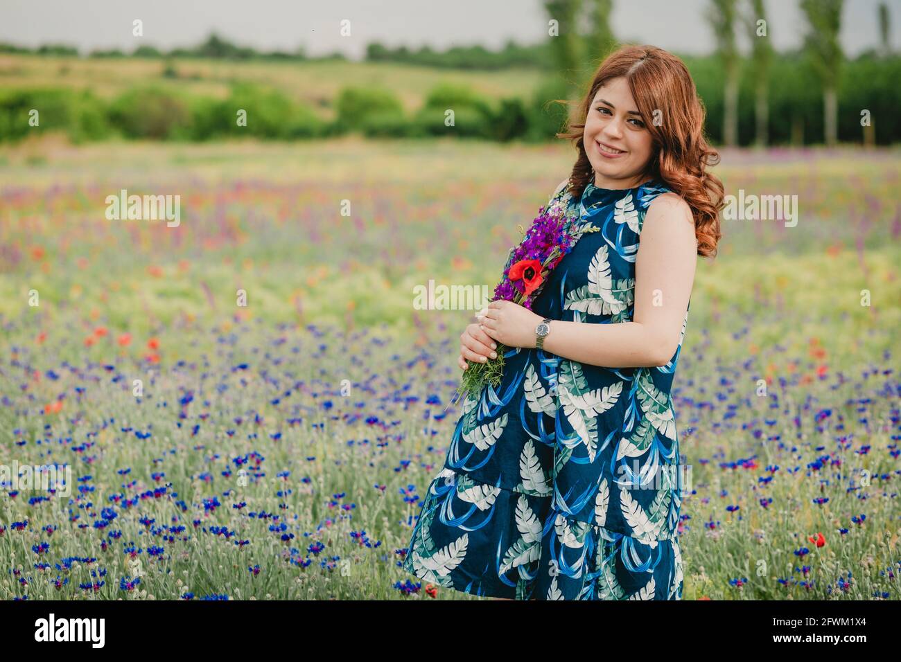 Mittlere Aufnahme einer glücklichen Schwangeren mit Lavendelbouquet Im Feld Stockfoto