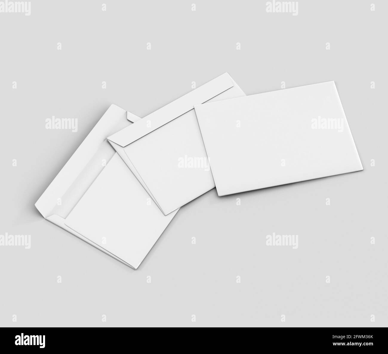 Realistisches weißes Briefumschlag C5/C6-Modell, leeres Briefpapier, c5 c6-Vorlage 3d-Rendering isoliert auf hellgrauem Hintergrund Stockfoto