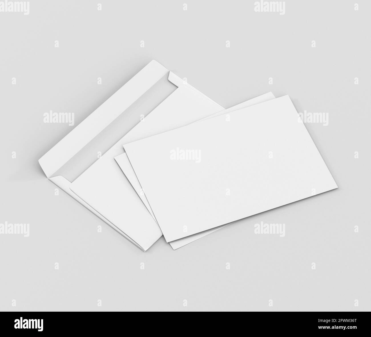 Realistisches weißes Briefumschlag C5/C6-Modell, leeres Briefpapier, c5 c6-Vorlage 3d-Rendering isoliert auf hellgrauem Hintergrund Stockfoto