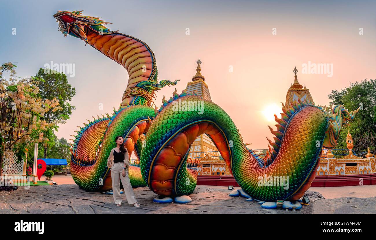 Regenbogenschnitzelschlange oder bunte Thai Naga und asiatische Frau stehen im Sonnenuntergang am Wat Phra That Nong Bua Tempel, Ubon Ratchathani Stockfoto