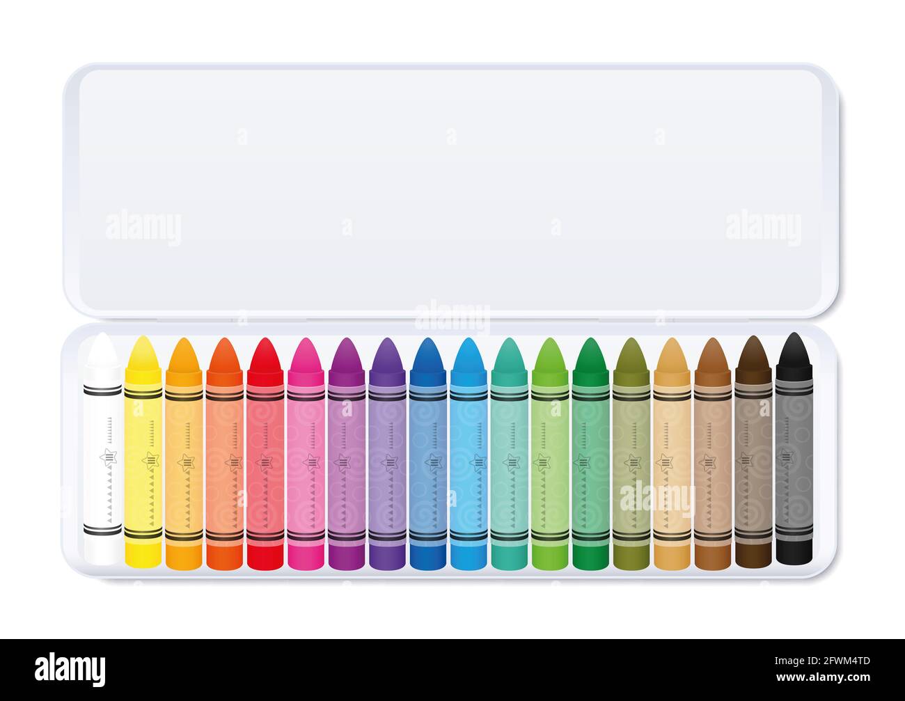 Wachsmalstifte in Pastellfarben, farbenfroh in einer weißen Metallbox, sortiert nach Farben - Illustration auf weißem Hintergrund. Stockfoto