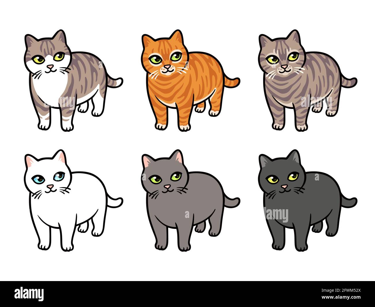 Cartoon Katze Zeichnungsset, verschiedene Farben und Rassen. Isolierte Vektor-Illustration, lustige mollige Katzen. Stock Vektor