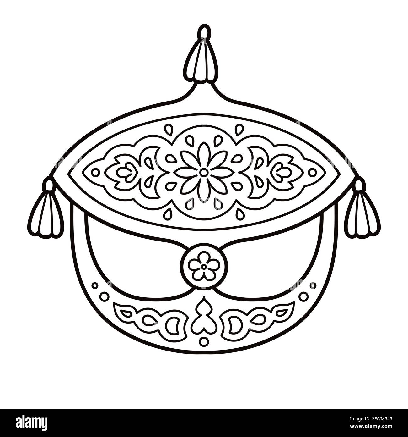 Wau Bulan, traditioneller malaiischer Monddrachen, Symbol von Malaysia. Schwarz-weiße Linienzeichnung für die Färbung. Vektorgrafik Clip Art Illustration. Stock Vektor
