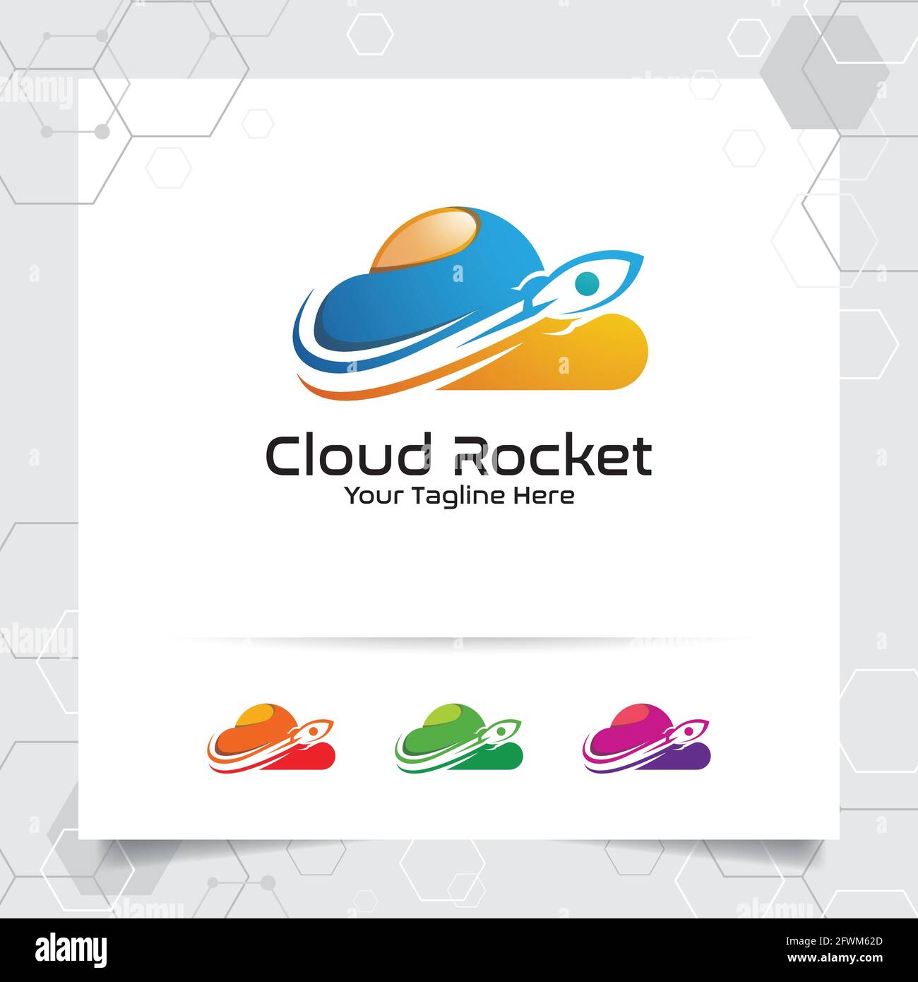 Cloud-Rakete Logo-Design mit Konzept der bunten Cloud-Vektor-Illustration für Hosting-Provider, Server-Rack und gemeinsame Nutzung von Speicher. Stock Vektor