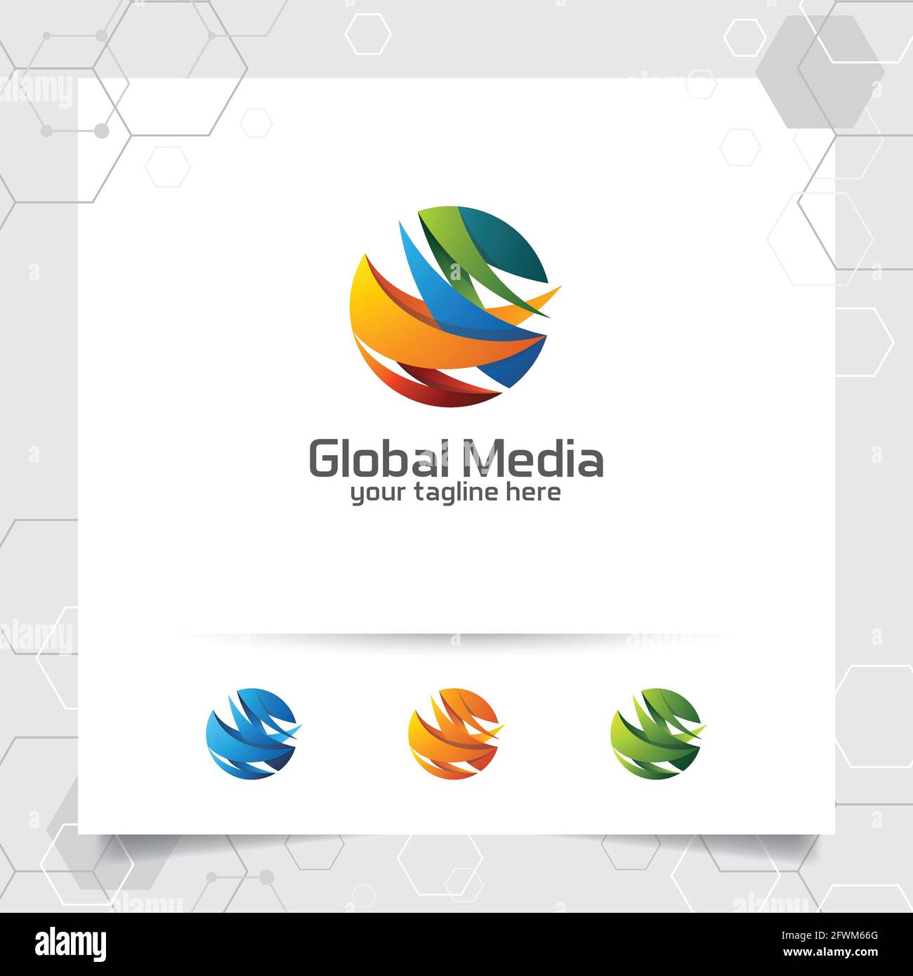 Abstraktes globales Logo-Vektordesign mit Pfeil auf Kugel und digitaler Symboldarstellung für Beratung, Technologie und Unternehmensfinanzierung. Stock Vektor