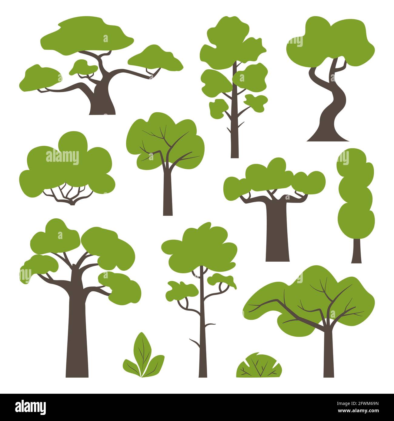 Großer Satz von verschiedenen grünen Bäumen und Sträuchern. Baum-Ikonen in einem modernen flachen Stil gesetzt. Vektorgrafik Stock Vektor