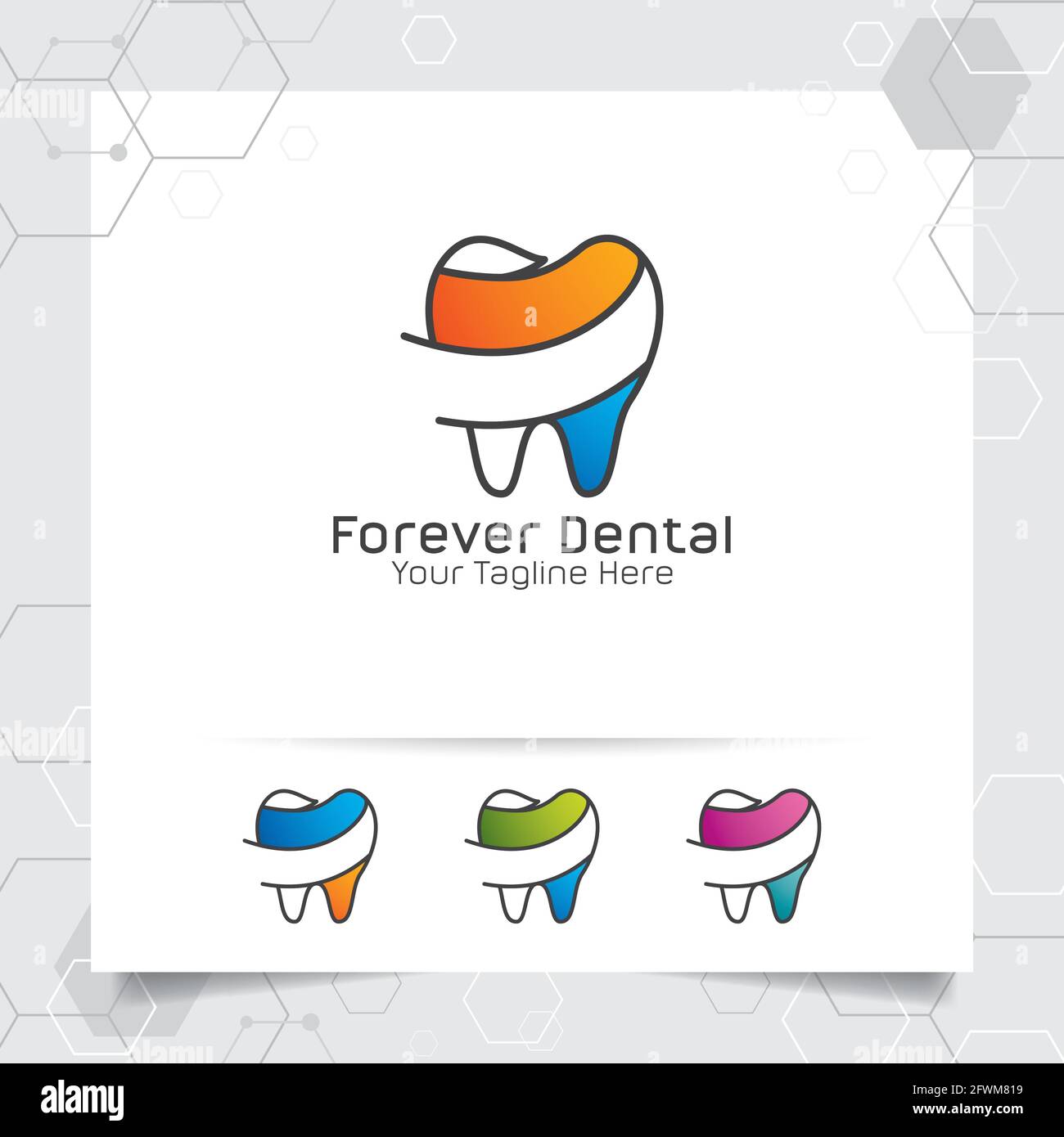 Dental Logo Zahnarzt Vektor-Design mit Konzept der flachen Linie Zahn Symbol . Zahnärztliche Versorgung für Krankenhaus, Arzt, Klinik und Gesundheit. Stock Vektor