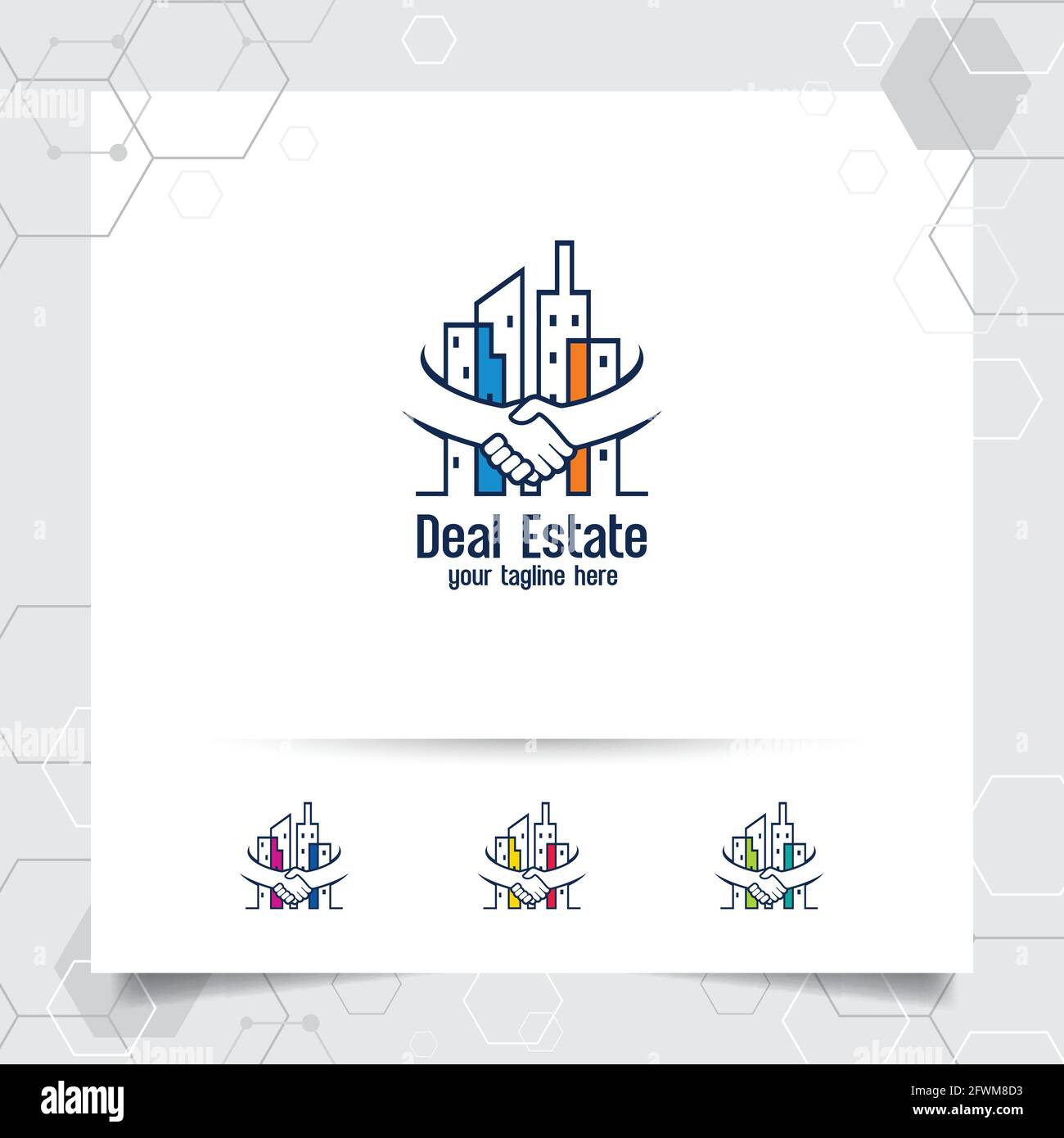 Immobilien-Logo-Design-Vektor mit Konzept der Deal und Handschlag. Logo-Vektor für Immobilien und Wohnungen für Hotel, Residenz, Bau und Vertrag Stock Vektor