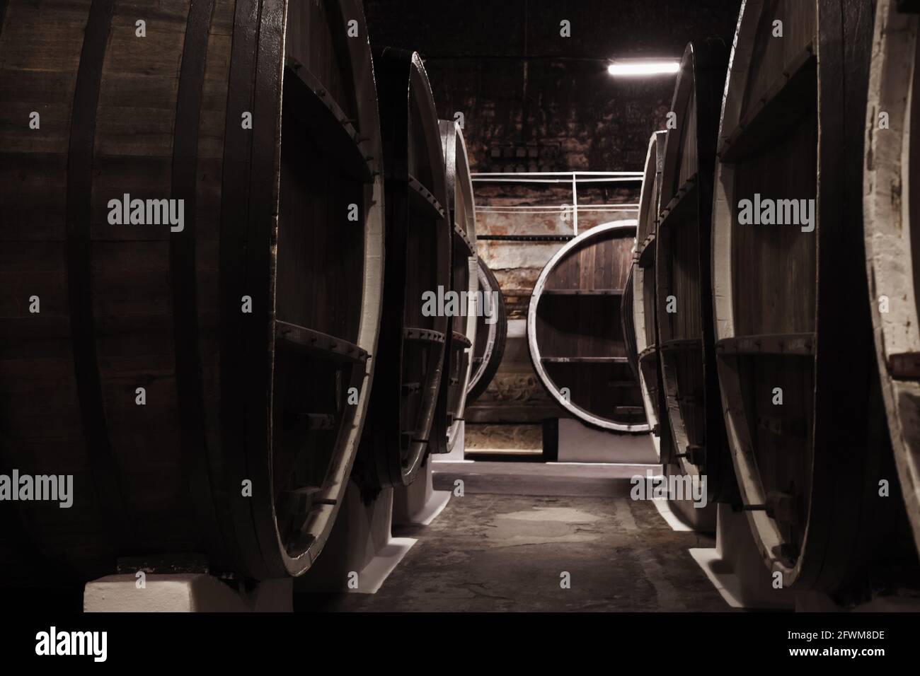 Dunkle Holzfässer in einem Keller eines Weinguts, Nahaufnahme mit selektivem Fokus Stockfoto