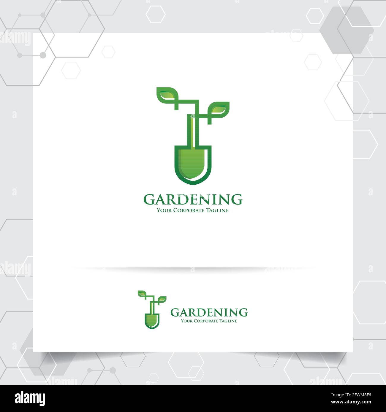 Landwirtschaft Logo-Design mit Konzept der Gartengeräte Symbol und Blätter Vektor. Grünes Natur-Logo für landwirtschaftliche Systeme, Landwirt und plantatio Stock Vektor