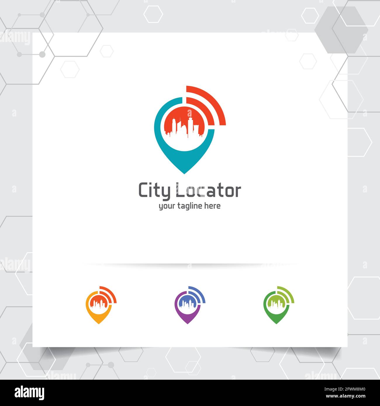 City Locate Logo Vektor mit Konzept von Pin-Karte Locator und WiFi Stadtbild Symbol Design für Reisen, lokalen Guide, gps, und Tour. Stock Vektor