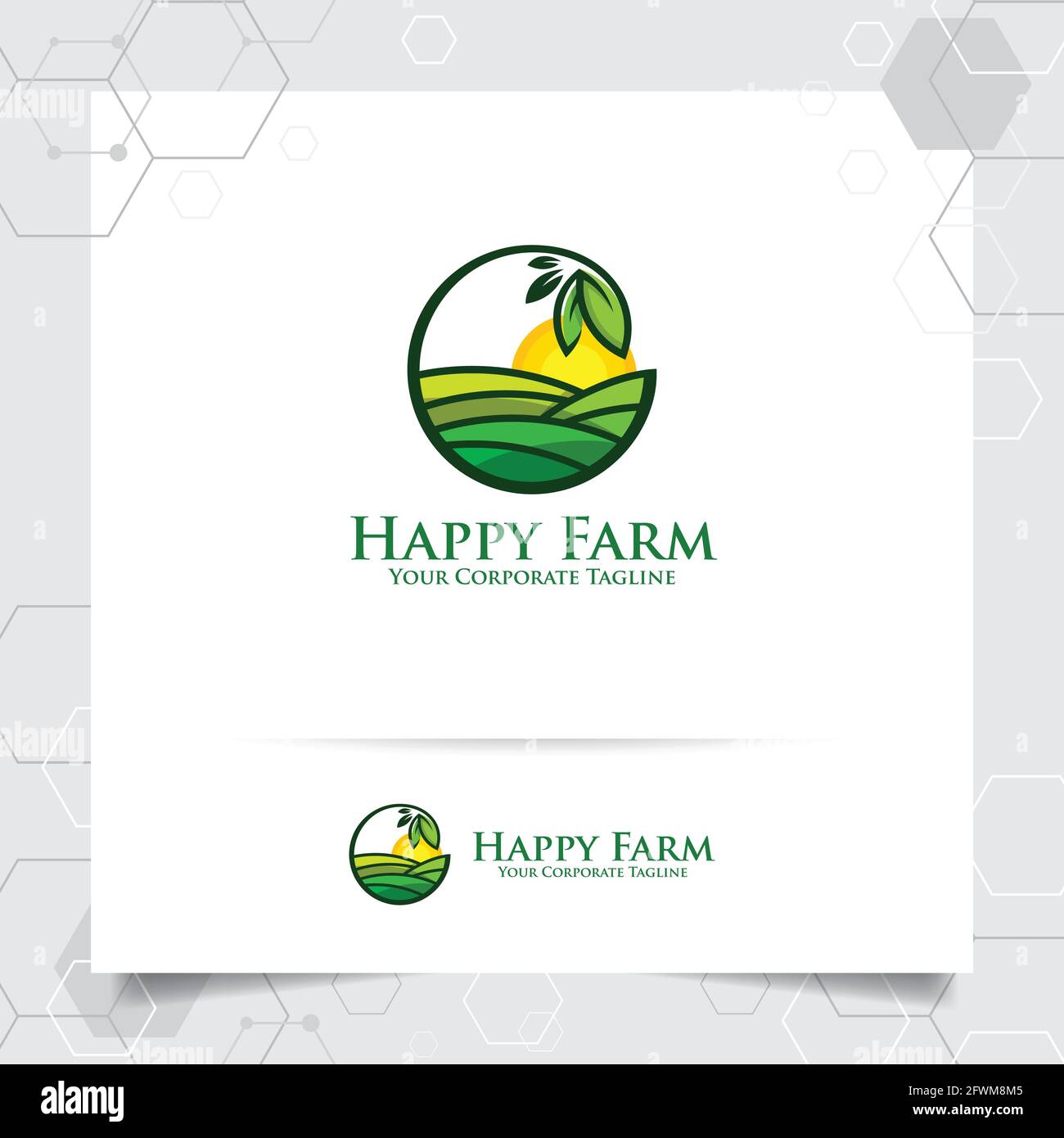 Landwirtschaft Logo-Design mit Konzept der Blätter Symbol und Plantagenland Vektor. Grünes Natur-Logo für landwirtschaftliche Systeme, Landwirt und plantatio Stock Vektor