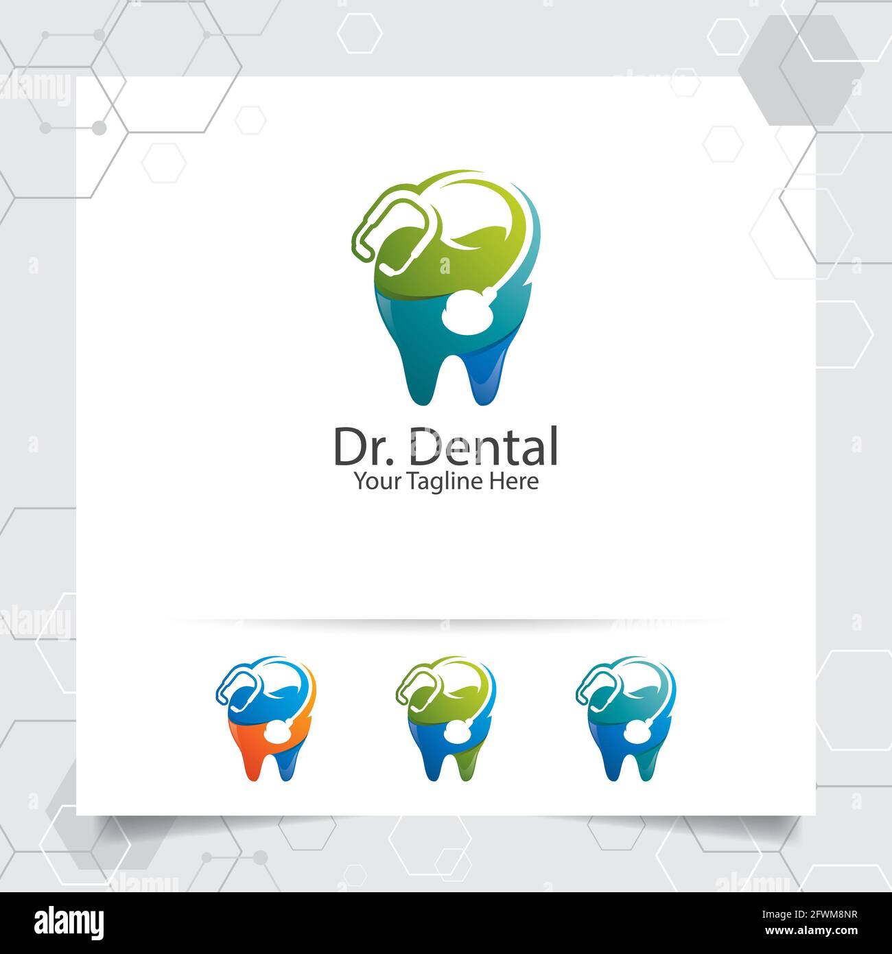 Dental Logo Zahnarzt Vektor-Design mit Konzept von Stethoskop und Zahn-Symbol . Zahnärztliche Versorgung für Krankenhaus, Arzt, Klinik und Gesundheit. Stock Vektor