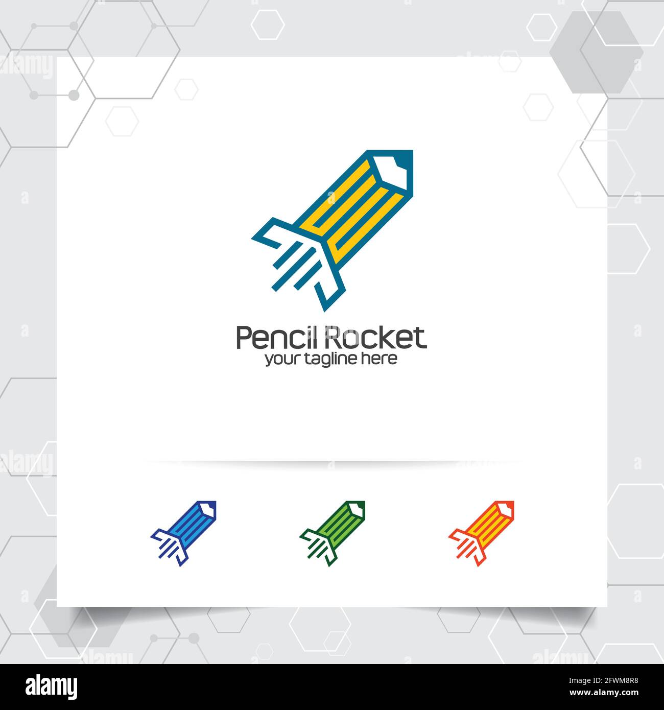 Rocket-Logo-Design mit Bleistift-Konzept und Rocket-Symbol. Bleistift-Raketenvektor für Grafikstudio, Schriftsteller und Profi. Stock Vektor
