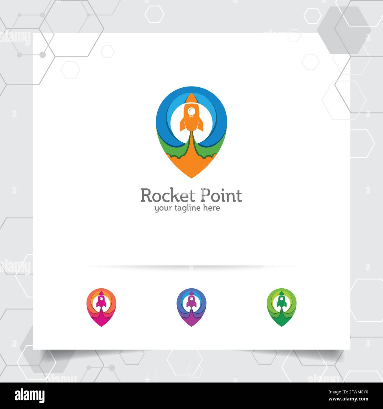 Rocket-Logo-Design mit Pin-Map-Konzept und Rocket-Symbol. Punktrakete Vektor für App, Technologie und Software verwendet. Stock Vektor