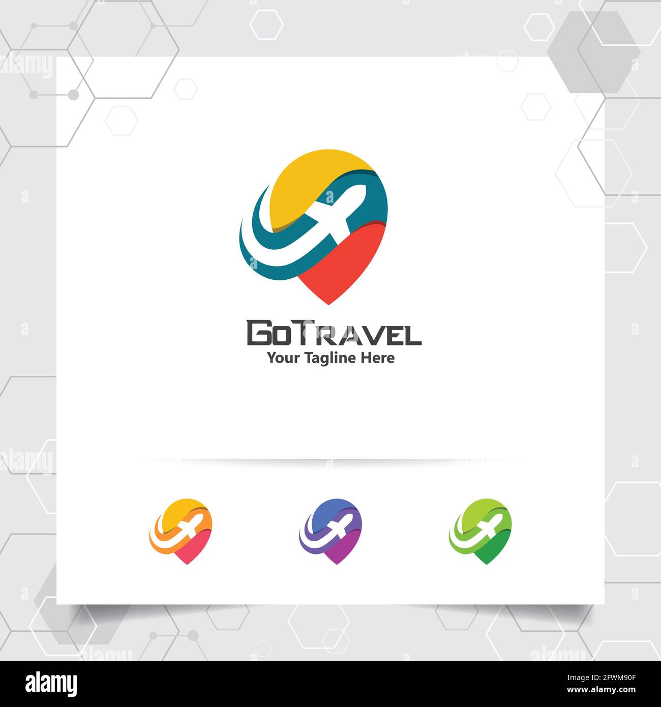 Travel Logo Design Konzept des Flugzeugsymbols mit Pin-Map-Symbol. Reiselogo-Vektor für Welttournee, Abenteuer und Urlaub. Stock Vektor