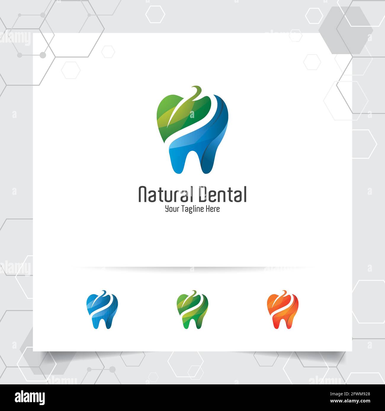 Dental Logo Zahnarzt Vektor-Design mit Konzept der grünen Blätter und Zahn-Symbol . Zahnärztliche Versorgung für Krankenhaus, Arzt, Klinik und Gesundheit. Stock Vektor