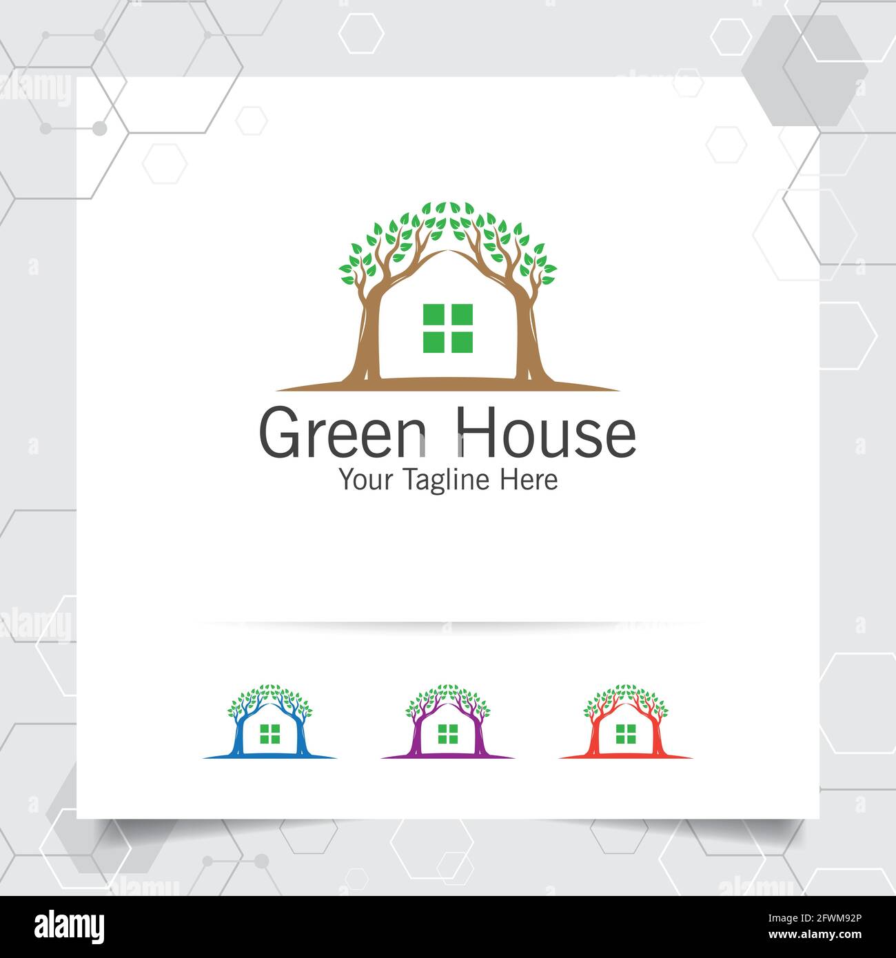Green House Logo Design-Vektor mit Konzept von zu Hause und Blatt Symbol Illustration für Immobilien, Immobilien, Wohnsitz und Hypothek. Stock Vektor