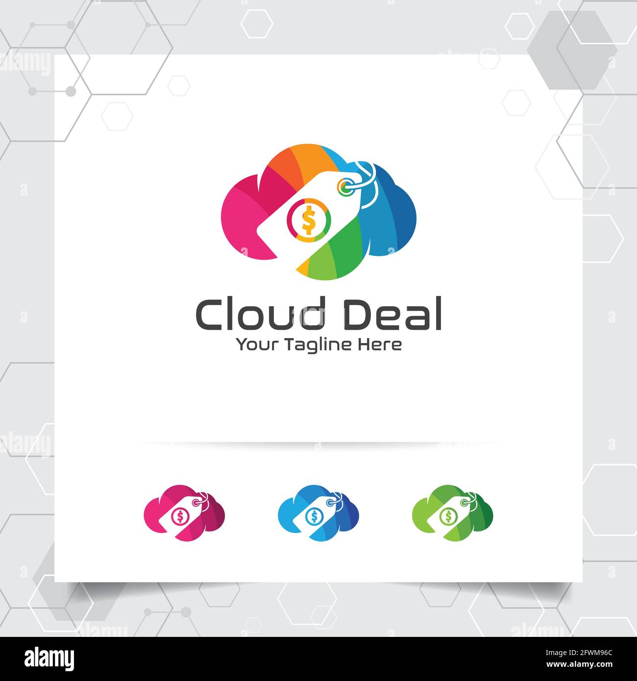 Buntes Cloud-Logo-Vektor-Design mit Konzept der Online-Shop-Illustration. Symbolvektor für Cloud und Preisschild für Unternehmen, Geschäfte, digitale Online-Shops. Stock Vektor