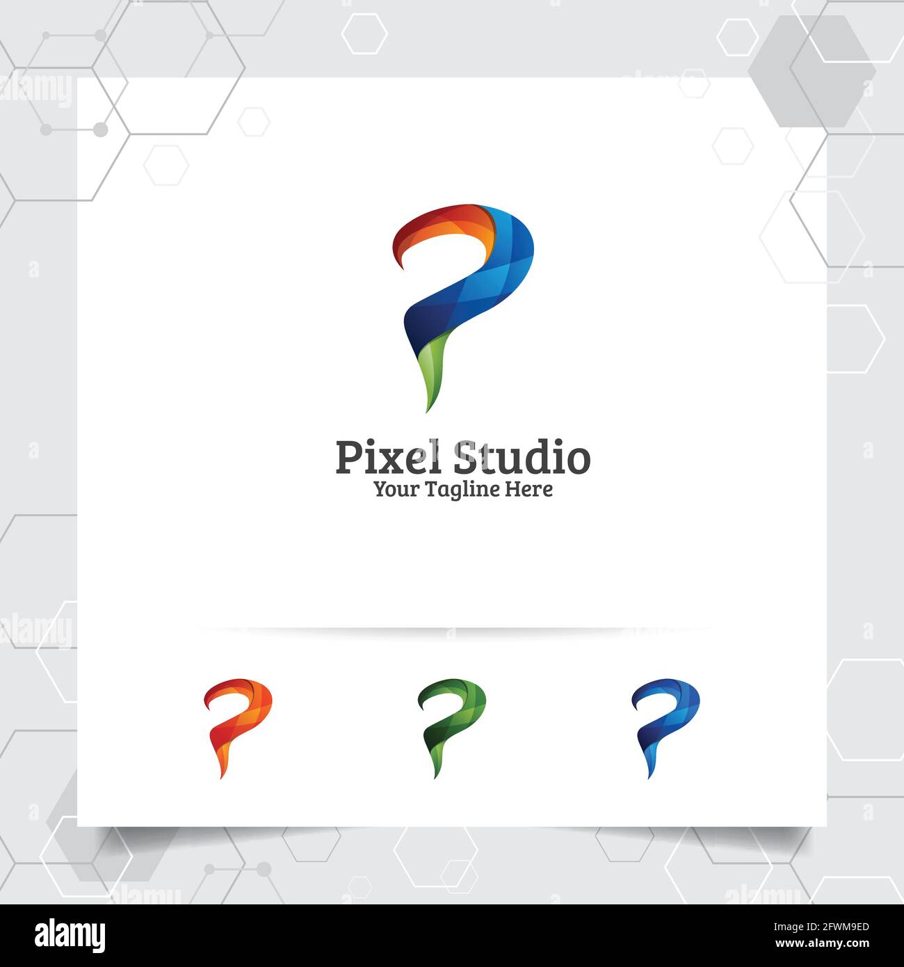 Digital Logo Letter P Design Vektor mit modernen bunten Pixel für Technologie, Software, Studio, App und Business. Stock Vektor