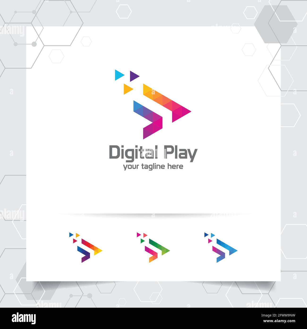 Media Play Logo Design-Vektor mit Konzept der bunten Dreieck und Pfeil-Symbol für Musikstudio, Anwendung und Multimedia. Stock Vektor