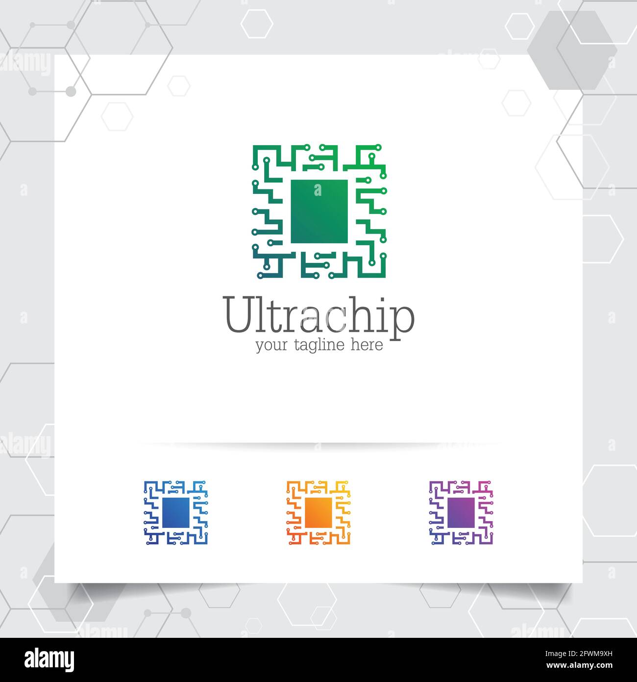 Technologie digitales Logo Vektor-Design mit Konzept von Mikrochip Symbol für Programmierer, Technologie-Community, Anwendungssoftware und Ingenieur. Stock Vektor