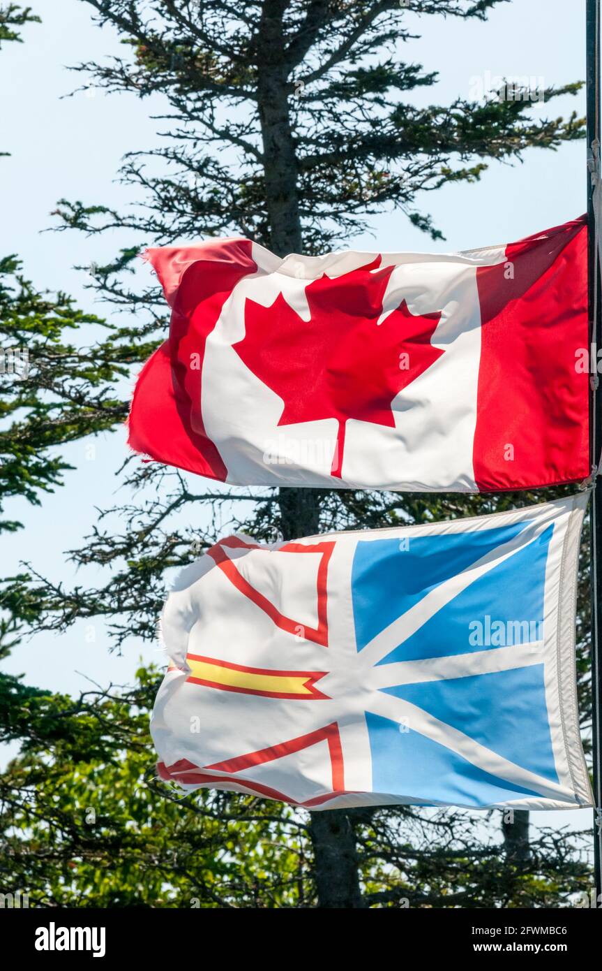 Die kanadische und die neufundlandische Flagge fliegen zusammen. Stockfoto