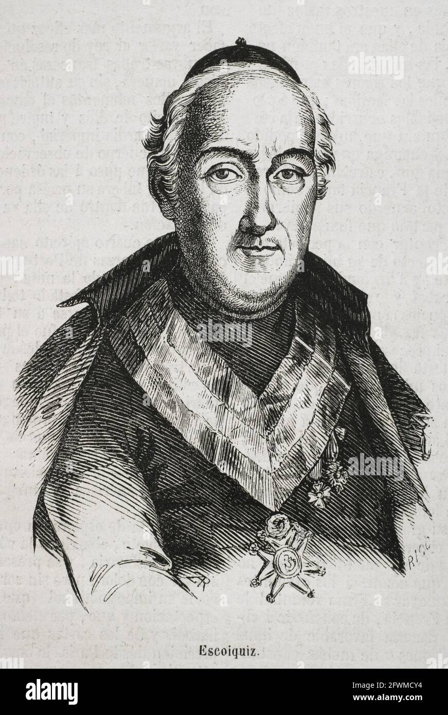 Juan Escoiquiz (1747-1820). Spanischer Schriftsteller, Politiker und Geistlicher. Er war Tutor von Ferdinand VII. Hochformat. Gravur von Rico. Historia General de España von Pater Mariana. Madrid, 1853. Stockfoto