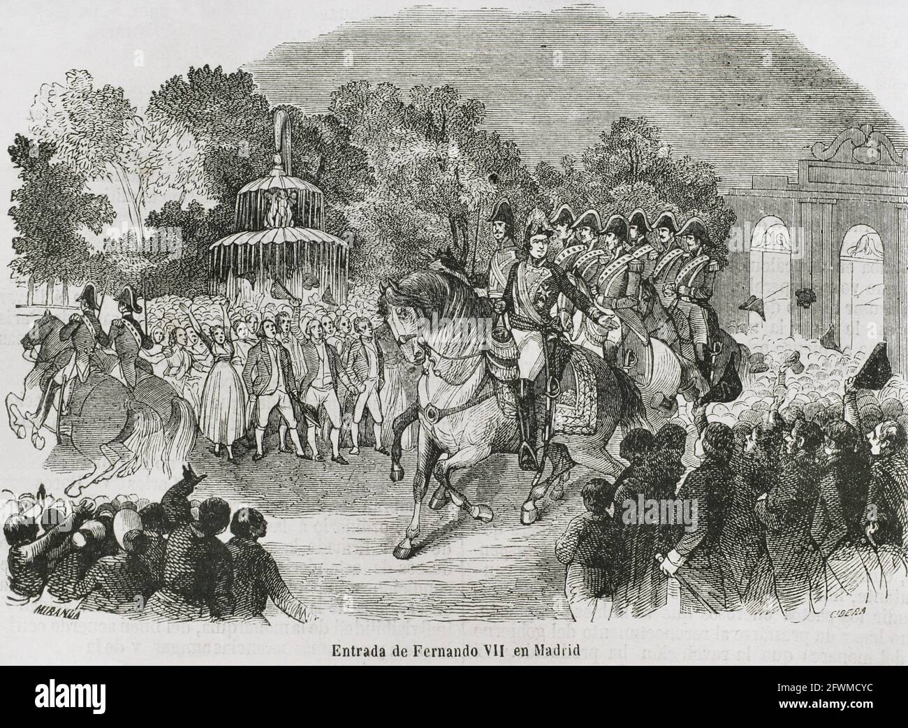 Ferdinand VII. (1784-1833). König von Spanien (1808-1833). Triumenter Einzug Ferdinands VII. Als König von Spanien in Madrid, 24. März 1808. Illustration von Miranda. Stich von Cibera. Historia General de España von Pater Mariana. Madrid, 1853. Stockfoto