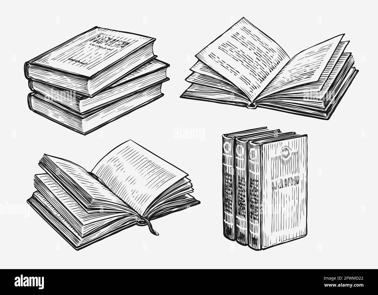 Bücher legen Skizze fest. Bildung Konzept vintage Vektor Illustration Stock Vektor