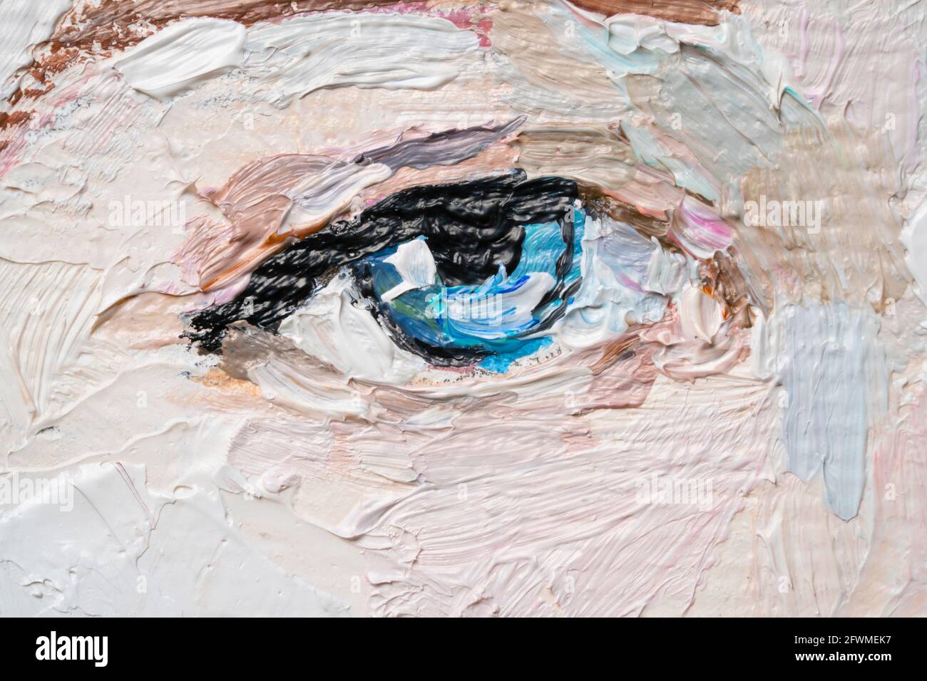 Makro. Texturierte Kunst. Fragment der Ölmalerei. Auge. Stockfoto