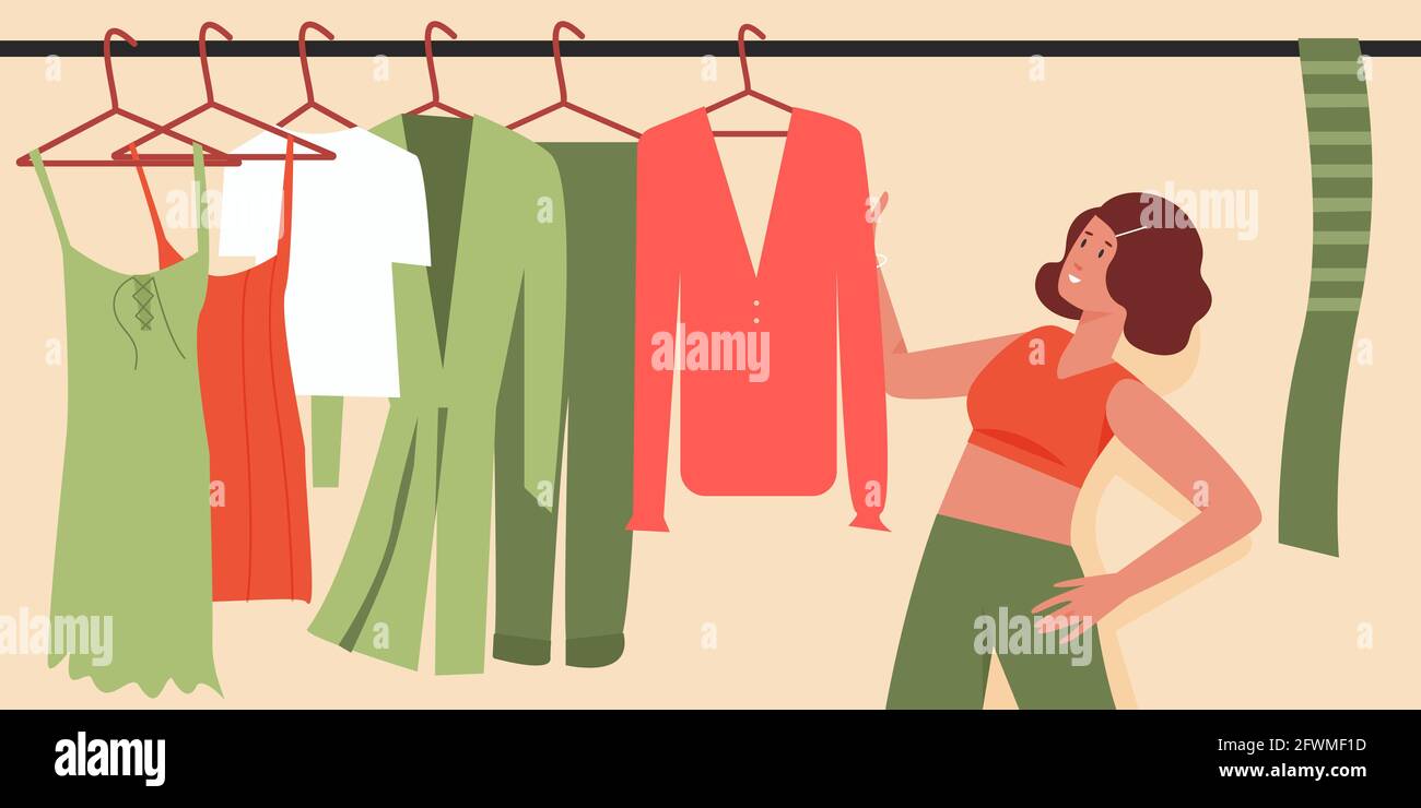 Frau versucht, Outfit Kleidung in Morgen Vektor-Illustration wählen. Cartoon Mädchen Figur neben Kleidung hängen auf Kleiderbügel, zu entscheiden, was zu tragen, schwierige Wahl Hintergrund Stock Vektor