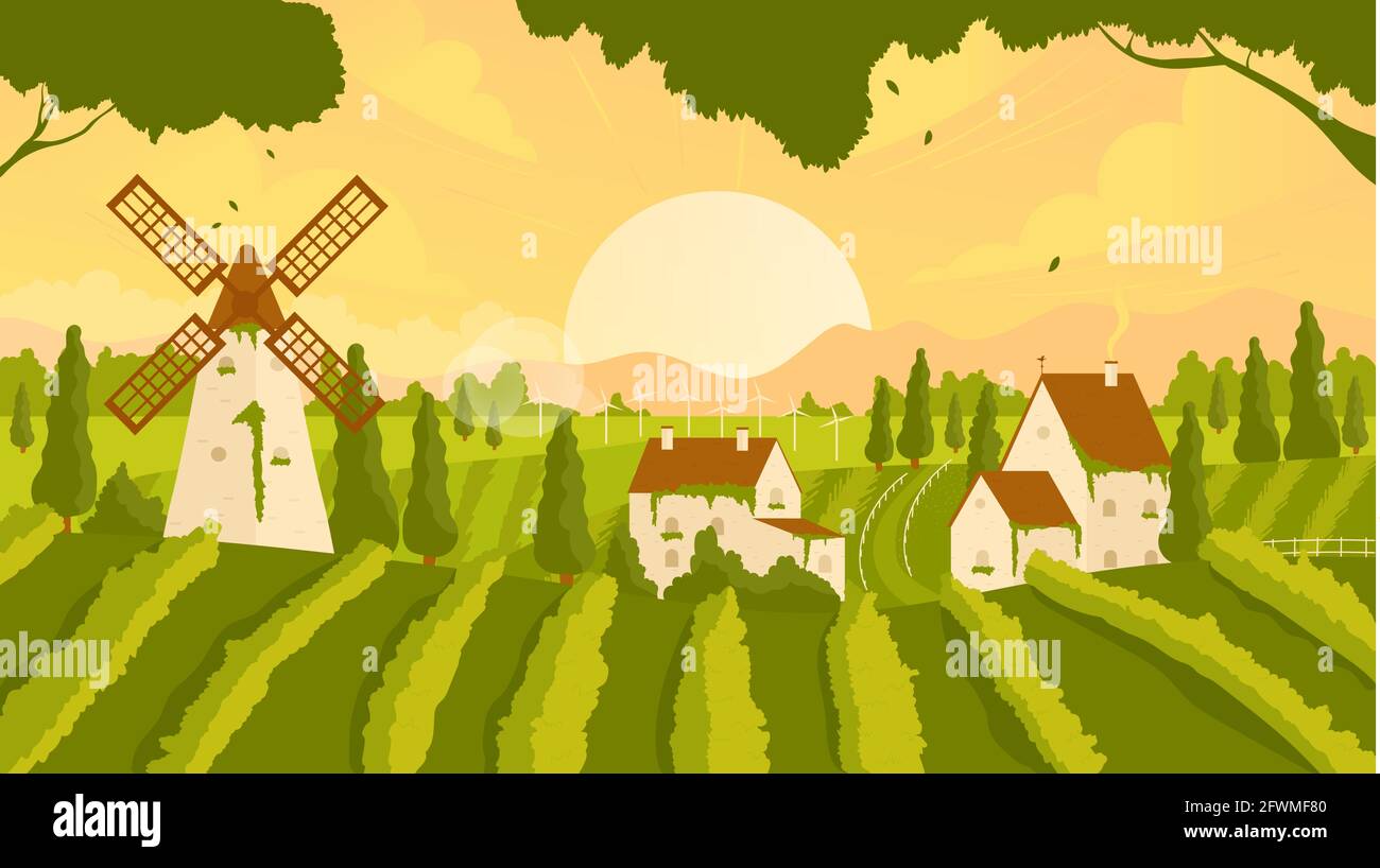 Vektorgrafik für ländliche Sommer- oder Herbstszenen in Weinbergen. Cartoon-Panorama mit wachsenden Weintrauben auf grünen Hügeln, alten Bauernhäusern und Windmühle, Reise nach Europa Hintergrund Stock Vektor