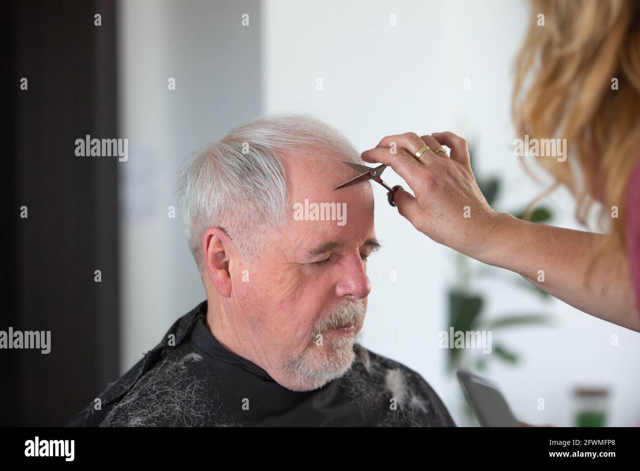 Startseite Friseurkonzept, Senior Mann die Haare schneiden von Frau Friseur Stockfoto