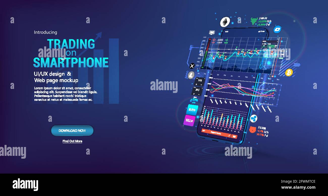 App für den Handel mit Kryptowährung am Telefon. Template Trading Platform, Web-Page-Konzept. Smartphone-App mit UI, Online-Statistik, Datenanalyse und Stock Vektor