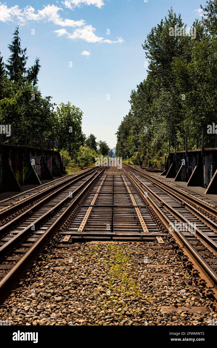 Eisenbahnbrücke über Norrish Creek in Dewdney, Mission, British Columbia, Kanada Stockfoto