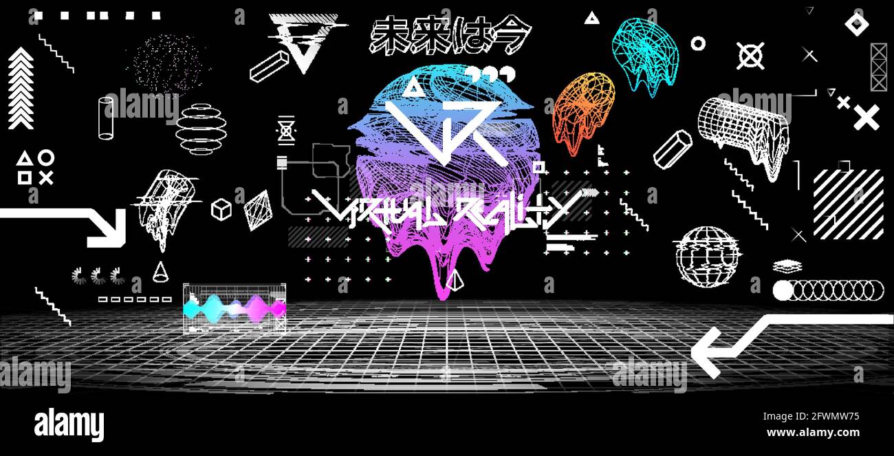 Digitale Designelemente in den 80er und 90er Jahren. Retro Futurismus Konzept, Formen Box mit Glitch und Liquid-Effekt. Sky-Fi Vaporwave, Cyberpunk und memphis Stock Vektor