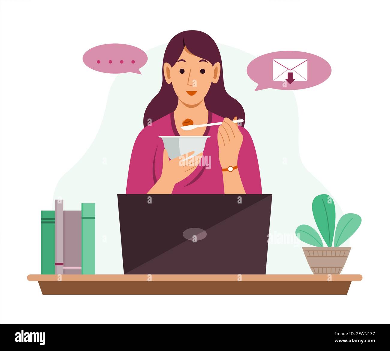Freelance Woman ist Online-Arbeit von zu Hause aus mit Laptop und Essen Lebensmittel. Stock Vektor