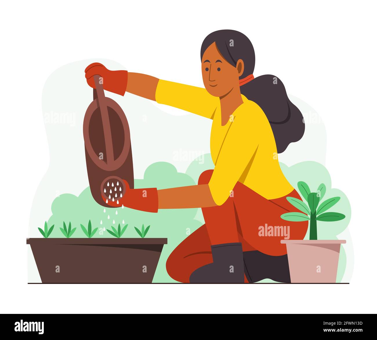 Frau genießt es, die Pflanzen im Garten zu gießen. Stock Vektor