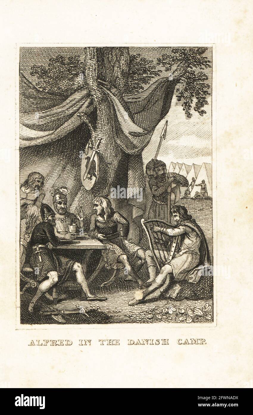 Der sächsische König Alfred der große, verkleidet als Harfenspieler, im Lager des Wikingeroberhäuptlings Guthrum, 878. Alfred im dänischen Lager. Kupferstich aus M. A. Jones’ History of England von Julius Caesar bis George IV., G. Virtue, 26 Ivy Lane, London, 1836. Stockfoto