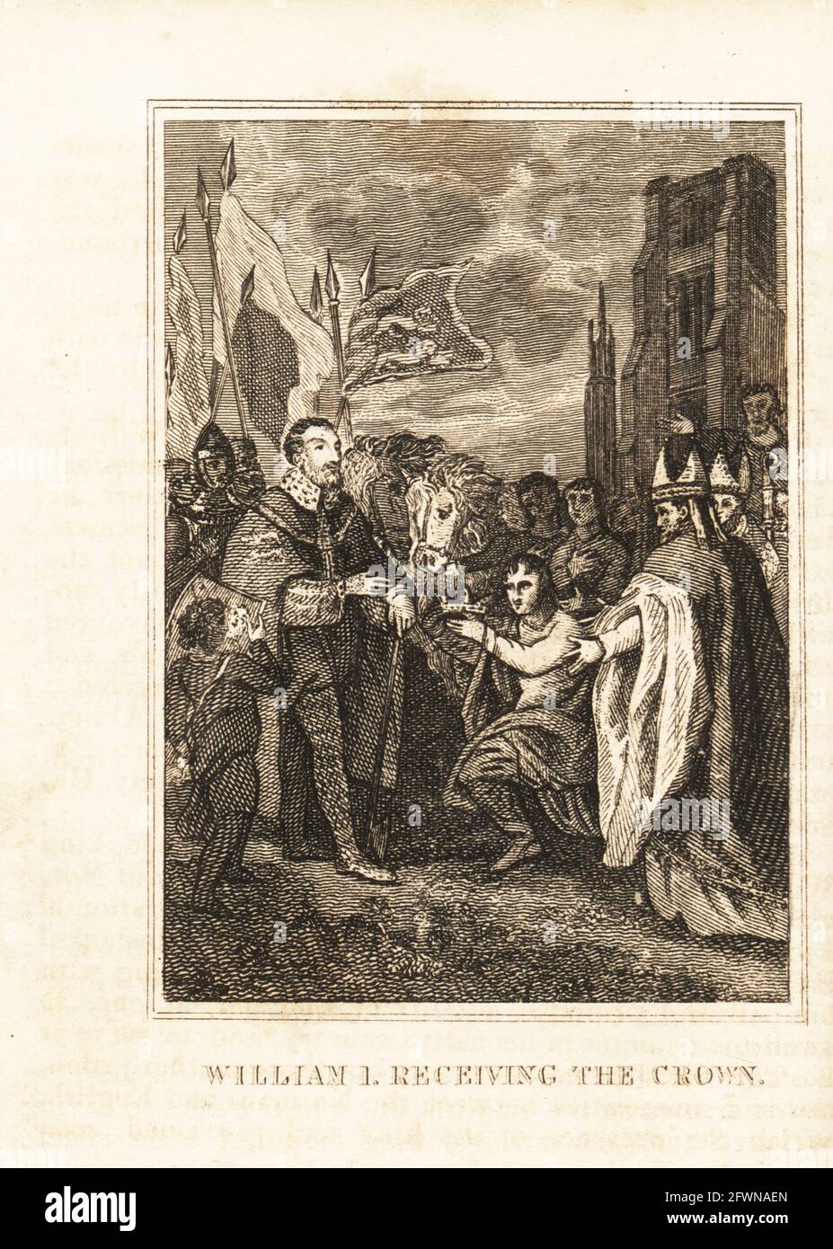 William, Herzog der Normandie, wurde im Dezember 1066 von Bischöfen in der Westminster Abbey zum König von England gekrönt. Eine Seite hält seinen Wappen und Ritter hoist Standards. William I. erhielt die Krone. Kupferstich aus M. A. Jones’ History of England von Julius Caesar bis George IV., G. Virtue, 26 Ivy Lane, London, 1836. Stockfoto