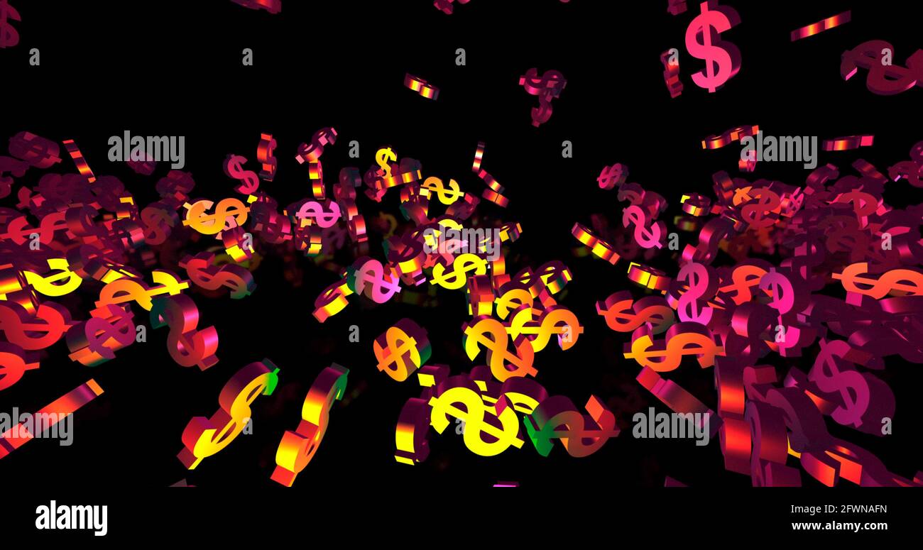Goldene 3d-Dollar-Symbole fallen in Neonlicht fallen. Hintergrund der Finanzveranstaltung. 3D-Rendering 3D-Illustration Stockfoto