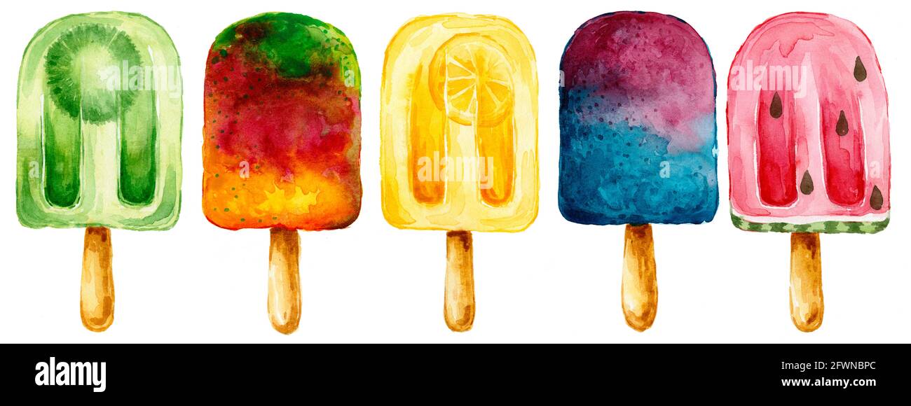 Satz von Aquarell-Eis isoliert auf weißem Hintergrund. Handgezeichnete Aquarellillustration. Stockfoto