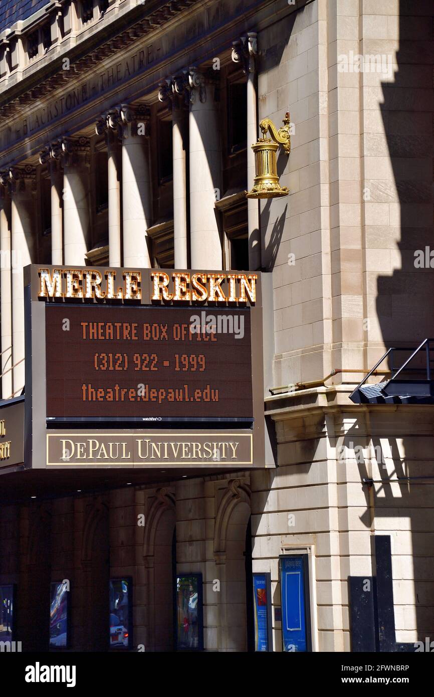 Chicago, Illinois, USA. Das ehemalige Blackstone Theatre, heute das Merle Reskin Theatre, ein Veranstaltungsort für darstellende Kunst, der Teil der DePaul University geworden ist. Stockfoto