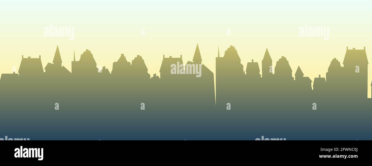 Kleine Stadt Straßen Silhouette. Dächer von Häusern. Landschaft auf dem Land. Flacher Cartoon-Stil. Nahtlose Illustration. Vektorgrafiken Stock Vektor
