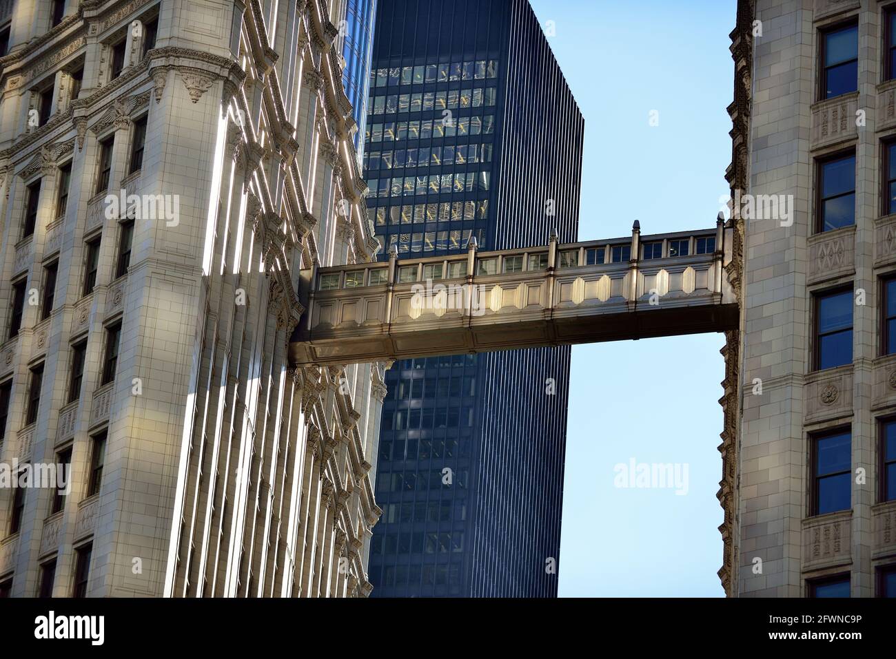 Chicago, Illinois, USA. Eine Himmelsbrücke, die den Nord- und Südturm des Wrigley Building verbindet, sonnt sich in der späten Nachmittagssonne. Stockfoto