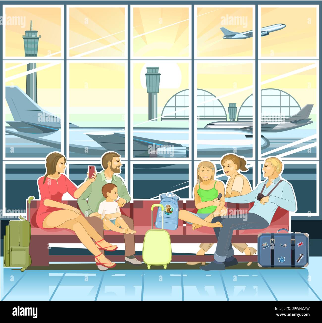 Freunde am Flughafen. Zwei Familien mit Kindern machen eine Reise. Glücklich lächelt. Wartezimmer am Terminal. Gepäck, Rucksäcke und Koffer. Ein Fenster Stock Vektor