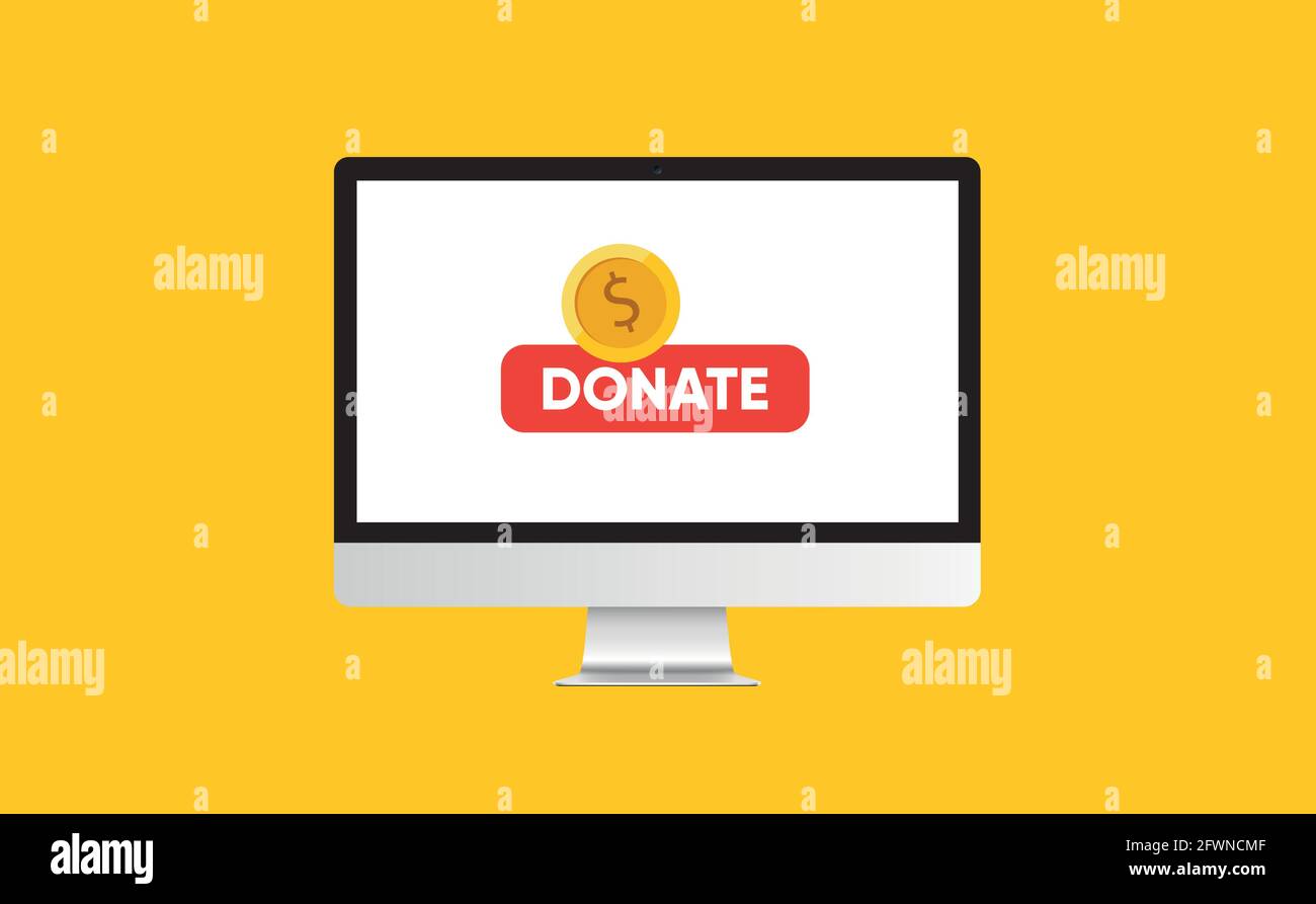 Spenden Online-Konzept. PC mit Goldmünze und Knopf auf dem Bildschirm. Stock Vektor