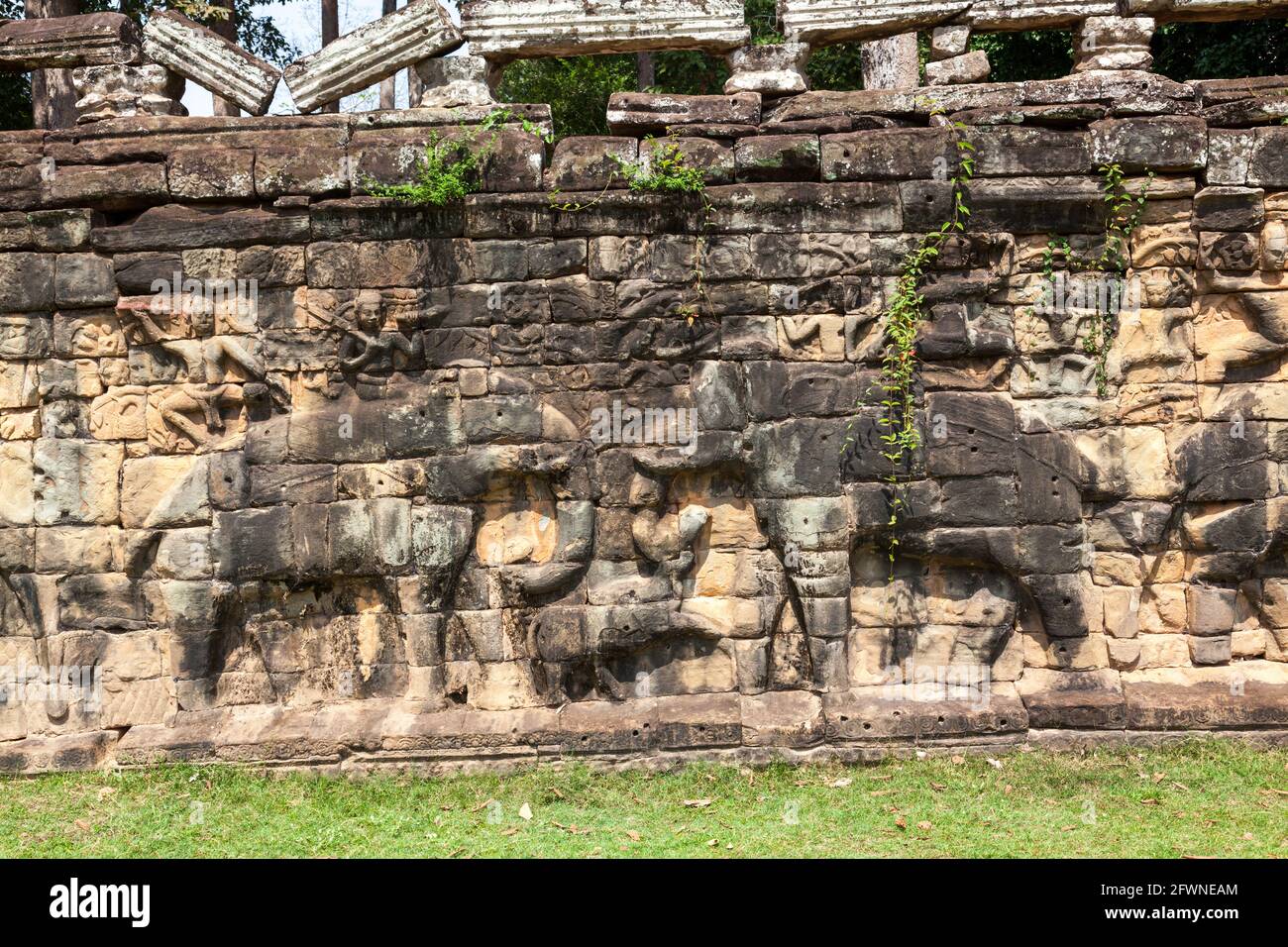 Die Terrasse der Elefanten ist Teil der ummauerten Stadt Angkor Thom, einem zerstörten Tempelkomplex in Kambodscha. Die Terrasse wurde von Angkors König Jay genutzt Stockfoto